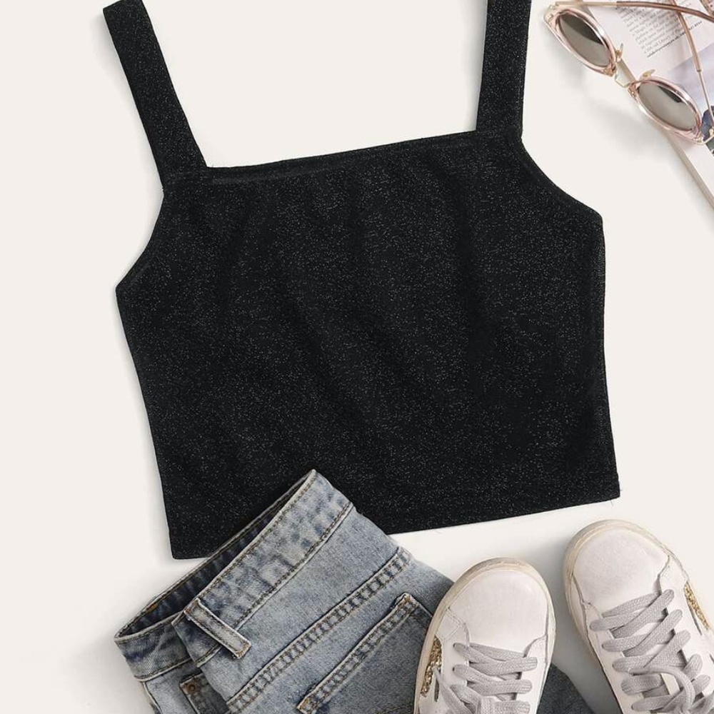 Shein Fitted Black Glitter Sleeveless Crop Top XS